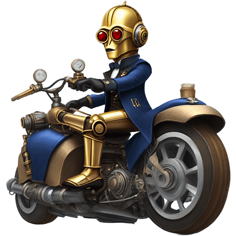 C-3PO wearing a pair of navy-blue rimmed steampunk goggles, hat, leather chaps, fringe jacket riding a fast 3 wheeler trike steampunk motorcycle on ice  emoji