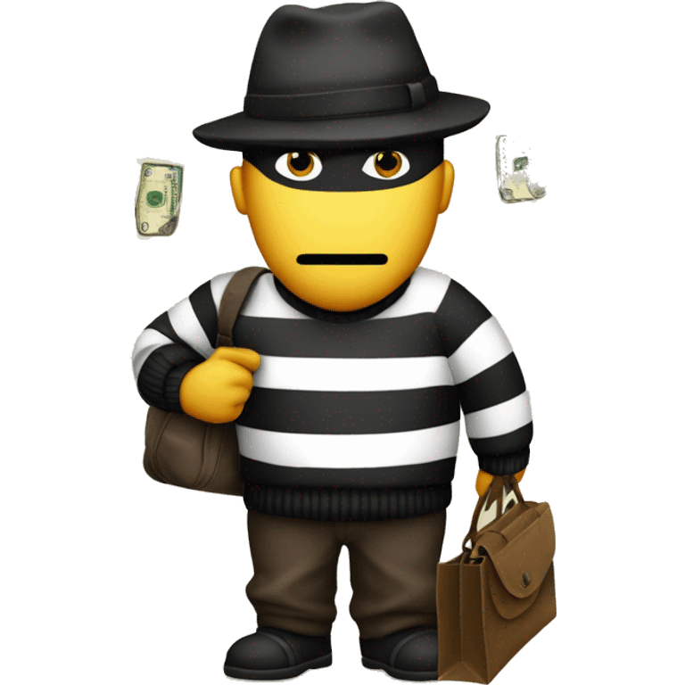 a robber in a striped sweater, with a mask on his face, in a hat and with a bag with a dollar sign drawn on it emoji