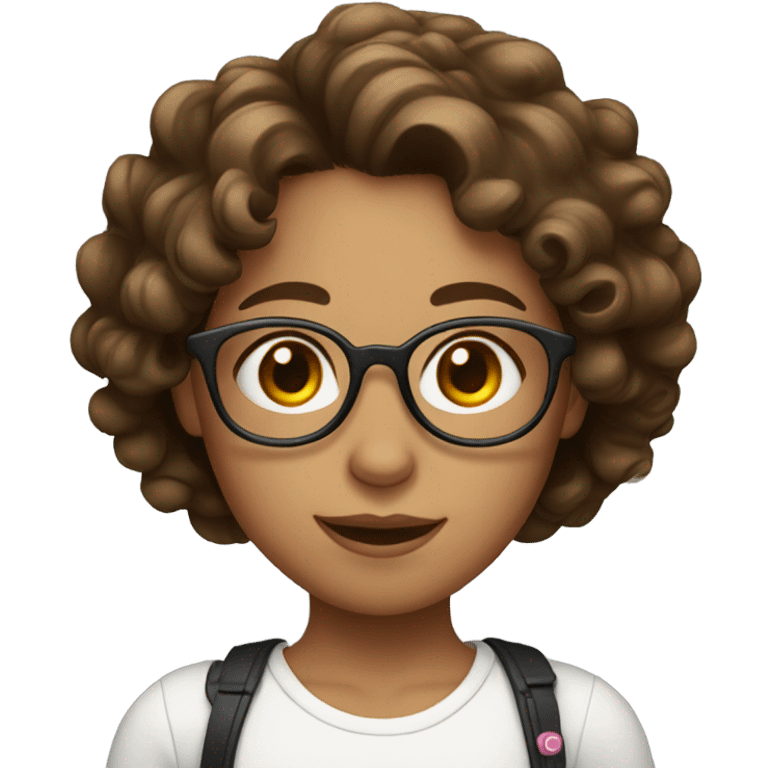 girl with curly brown hair and white top with glasses emoji