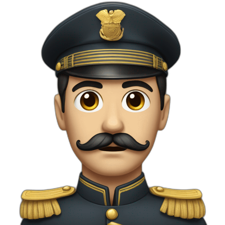 distinctive mustache, short dark hair, and a stern facial expression. He had a small, moustache above his upper lip and was often depicted wearing military  emoji