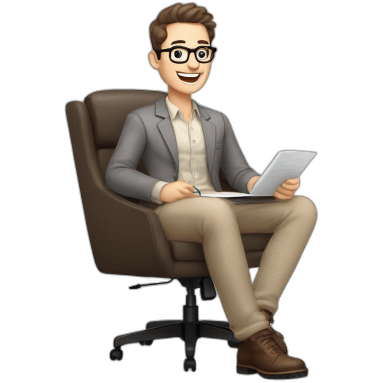 Joyful Celebrating victory Pale skinned Fit Man With dark brown hair in gray jacket, beige office shirt, Brown pants and vintage glasses sitting In a soft chair with a notebook and a pen emoji