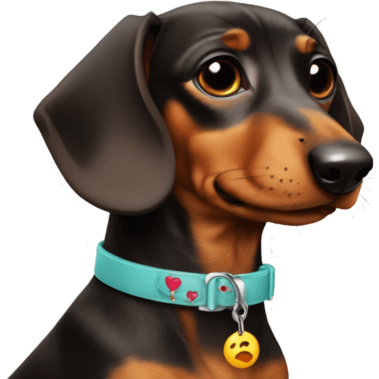 Dachshund wearing a collar with Nina written on it emoji