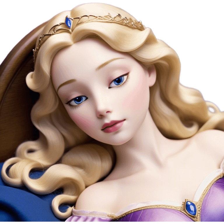 Cinematic Realistic Sleeping Beauty (Aurora) Portrait, with porcelain-like skin featuring a natural rosy flush, illuminated by soft lighting that highlights the gentle contours of her face. Her golden blonde hair flows in soft, detailed waves with subtle highlights that shimmer in the light. Her deep violet-blue eyes radiate warmth and innocence, framed by arched brows and long lashes. With a soft, serene smile, she holds a delicate rose gently in one hand, her other hand resting lightly by her side. She is dressed in her classic pink gown, the fabric rich in texture with delicate folds that catch the light. A golden crown rests atop her head, gleaming with royal refinement. The portrait captures a soft, glowing aura, blending realism with an ethereal sense of beauty and timeless enchantment. emoji