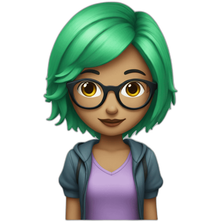 Girl with green hair and glasses holding a heart  emoji