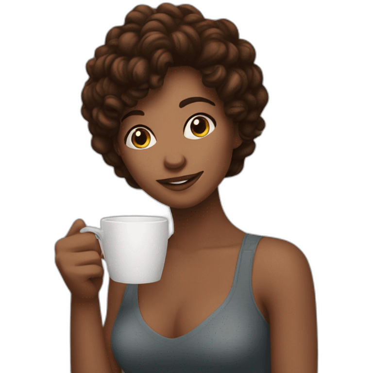 Browhair nice woman posing next to a coffee cup emoji