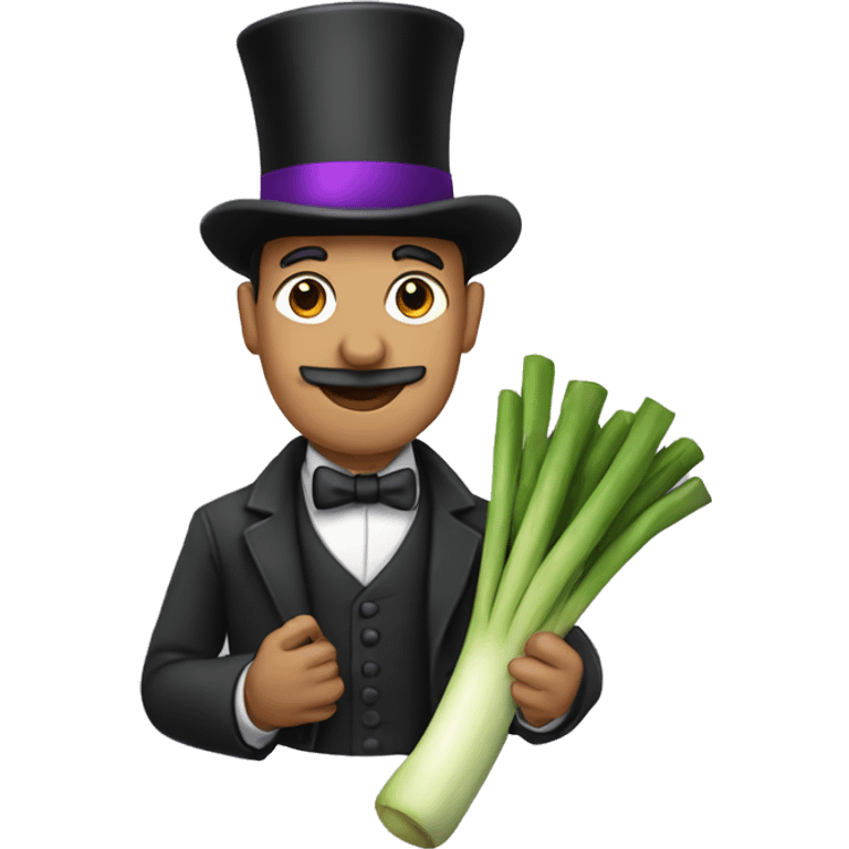 Man holding a leek with his hands with a top hat that has a purple band emoji