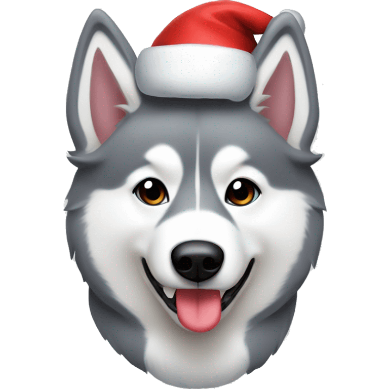 Grey and white husky wearing a Santa hat and holding a candy cane emoji