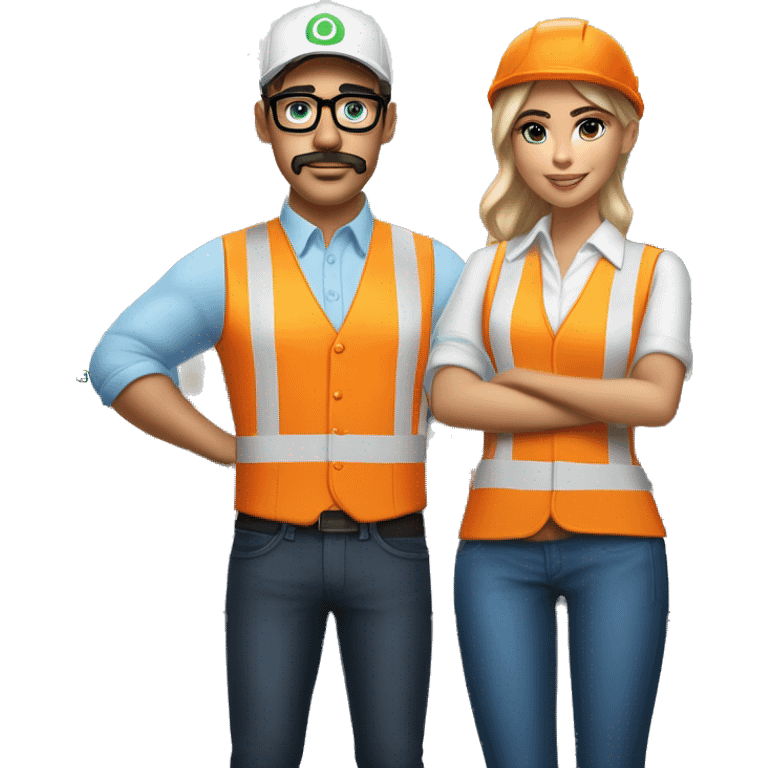 (madison beer as barista) standing next to (handsome blonde man, mustache, blue/green eyes, glasses, wearing white hard hat , orange safety vest, blue shirt) emoji