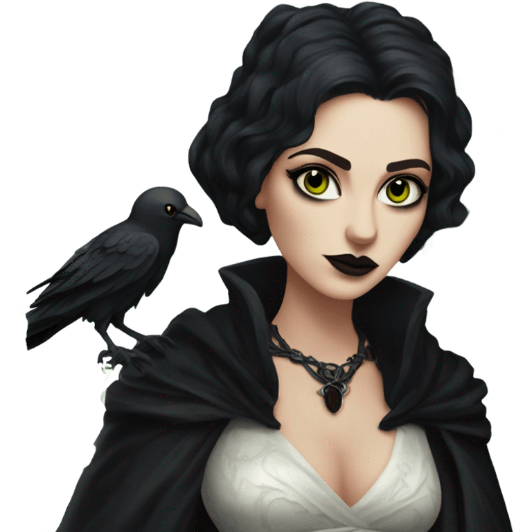 the morrigan goth woman version vines style furr robe stylish boots, perfect eyes, raven on hand, green vines decor on ground emoji