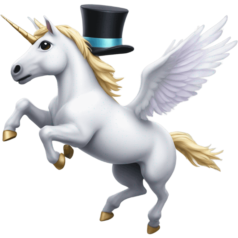 Unicorn with wings and a top hat flying over a rainbow ￼ emoji