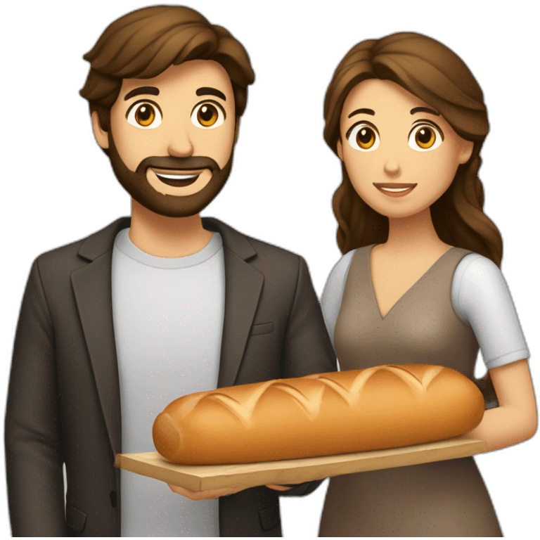 Homme brun avec barbe qui propose baguette à une femme brune emoji