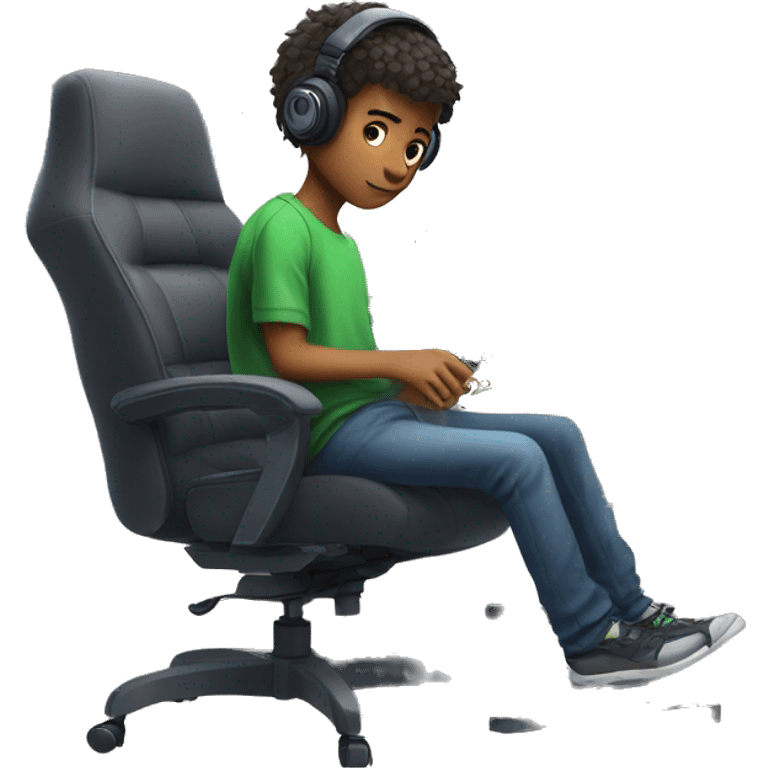 a boy sitting on a gaming chair playing video games on a pc with a keyboard and mouse and is streaming at the same time emoji