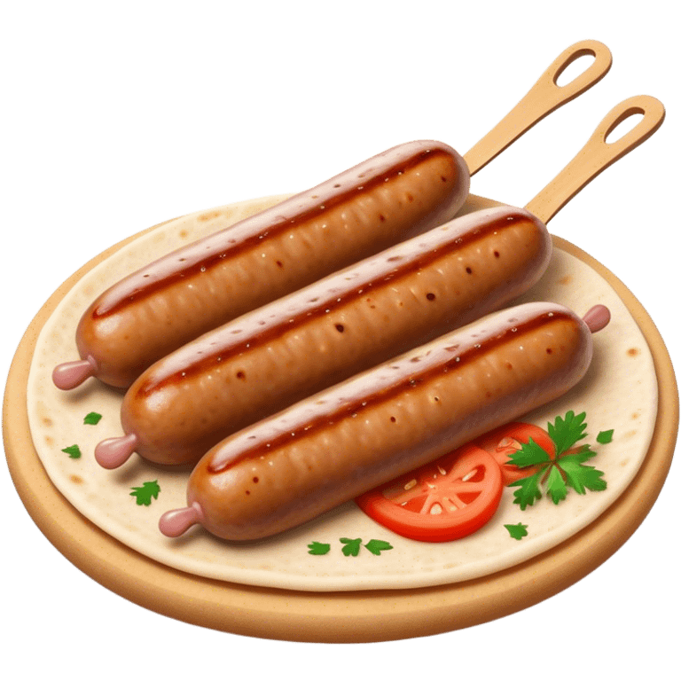 Cevapi Cinematic Realistic Cevapi Dish Emoji, depicted as modest, short, skinless sausages served with traditional flat bread, rendered with realistic textures and rustic, inviting lighting. emoji