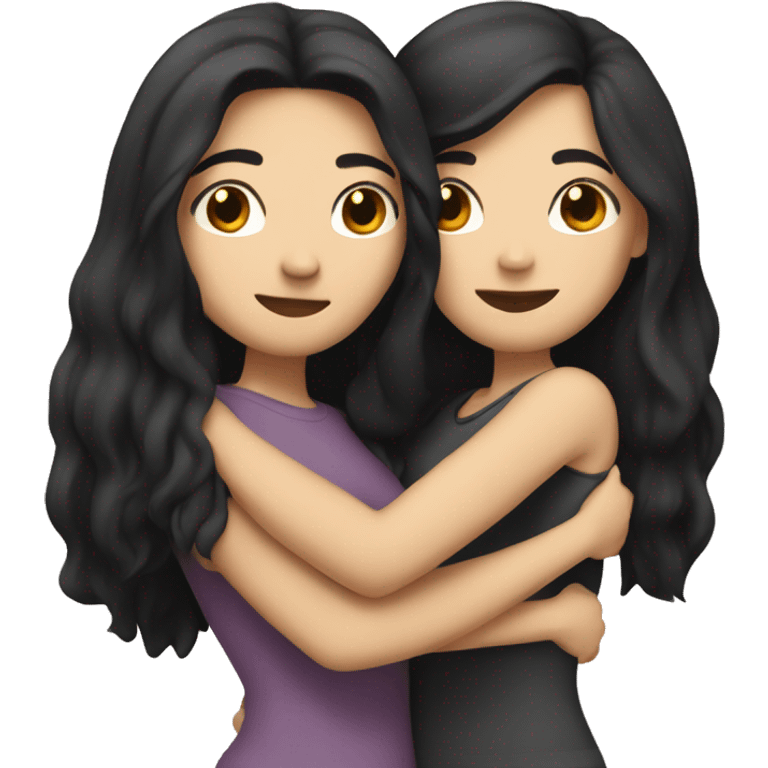 A lesbian couple with white skin and long black hair hugging intimately emoji