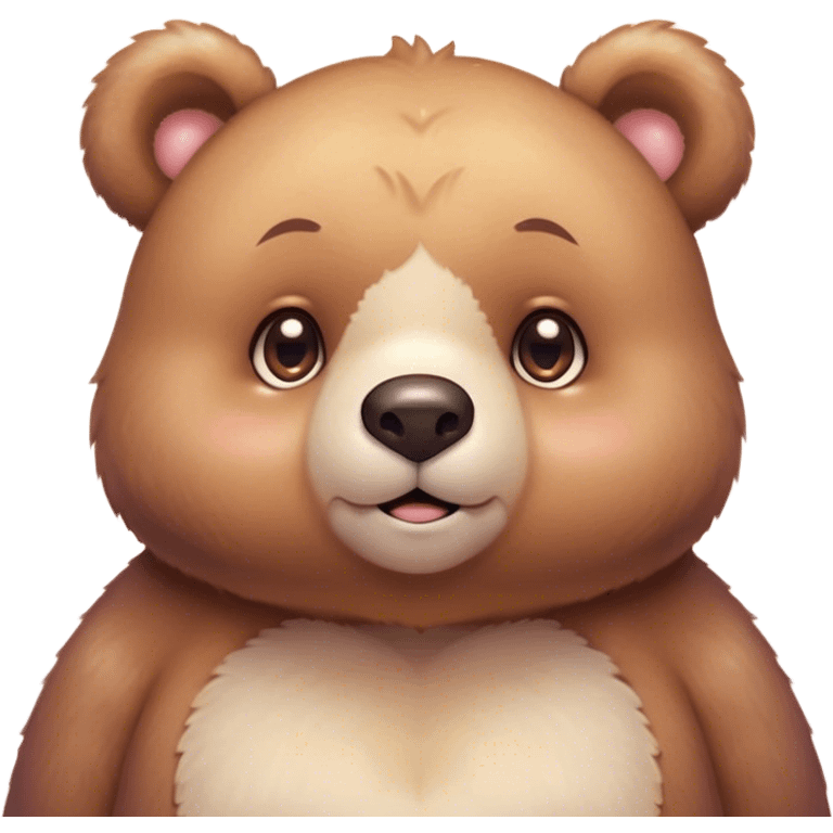 Cinematic cute soft bear, chubby round face, tiny ears, warm fuzzy fur, blushing cheeks, sparkling kind eyes, soft glowing background, heartwarming and huggable. emoji