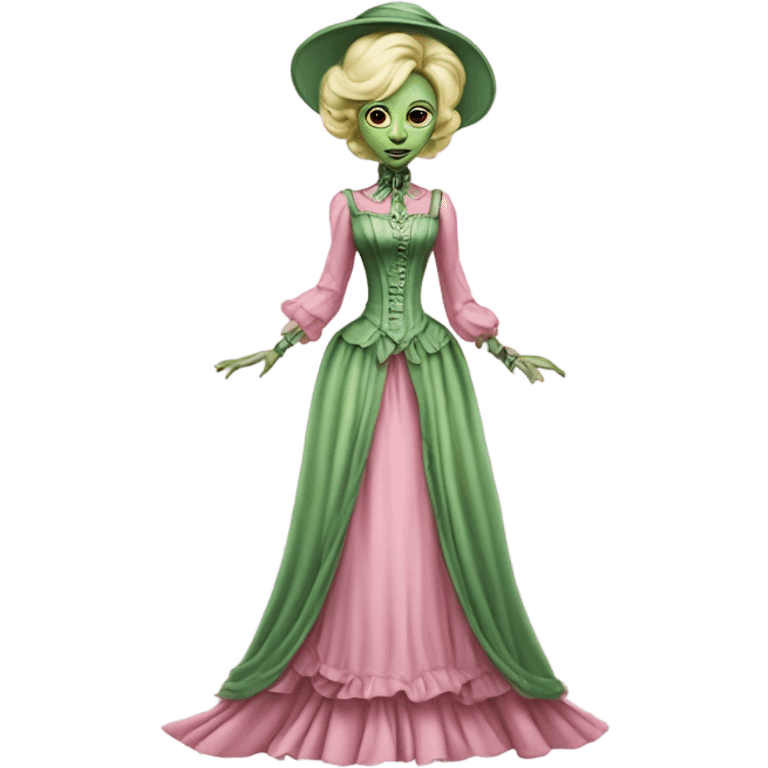 "green blonde alien woman"  in pink Victorian dress elegant, full body emoji