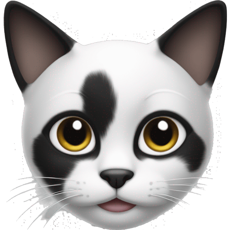 Black and white cat, black dots on ledt and right ears and right eye emoji