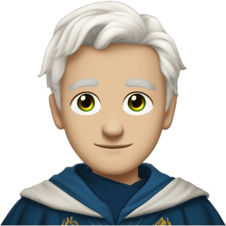 16 year old boy, white hair, white eyebrows, light skin, green eyes, scar on right eye in ravenclaw hogwarts robes. emoji