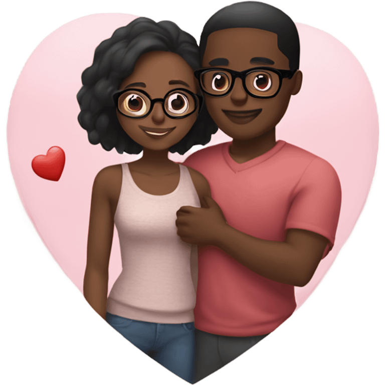 Cute black couple in love hugging , the girl has glasses , the man has a darker skin tone than the girl, hearts float around them  emoji