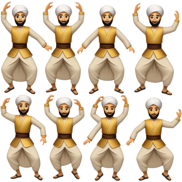 Cinematic Realistic Dabke Dance Emoji, depicted as an energetic traditional Lebanese folk dance with vibrant costumes and rhythmic movements, rendered with dynamic textures and festive natural lighting that captures its communal joy. emoji