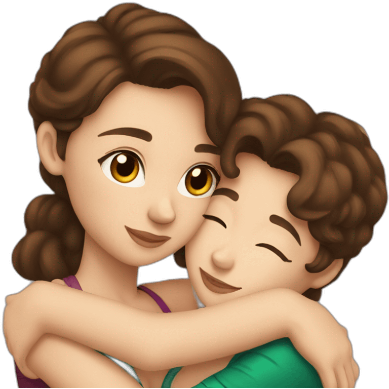 beautiful woman with brown hair and brown eyes hugging Aussie emoji