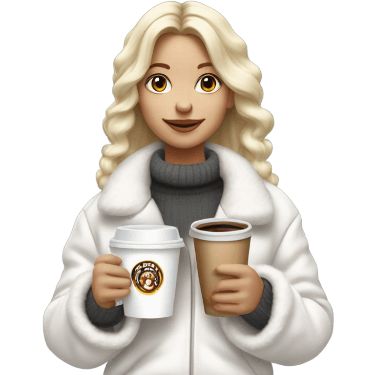 blonde girl wearing white fluffy jacket and a coffee to go in hand all dress white and a white bow on hair emoji