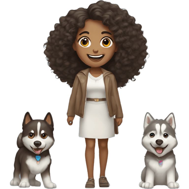 light skin woman with long dark brown curly hair expressing joy alongside two husky's emoji