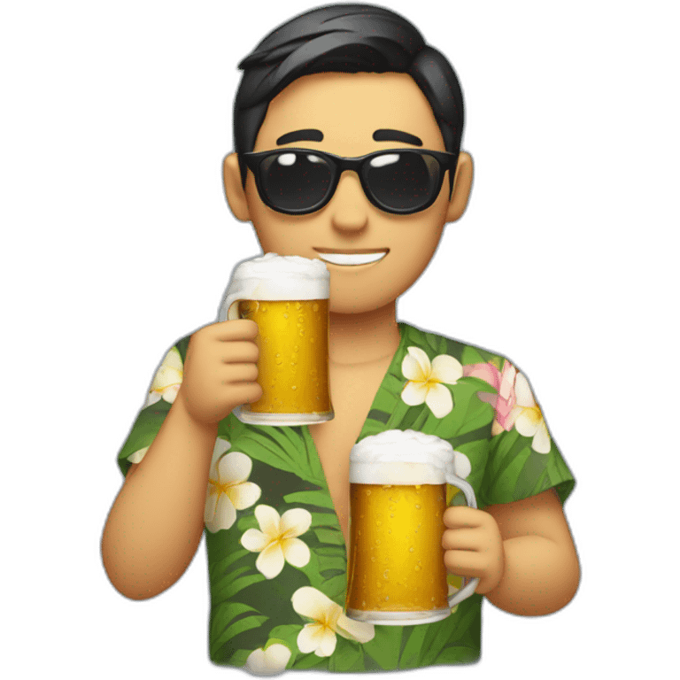 Japanese wearing roundglasses alohashirt is holding beer emoji