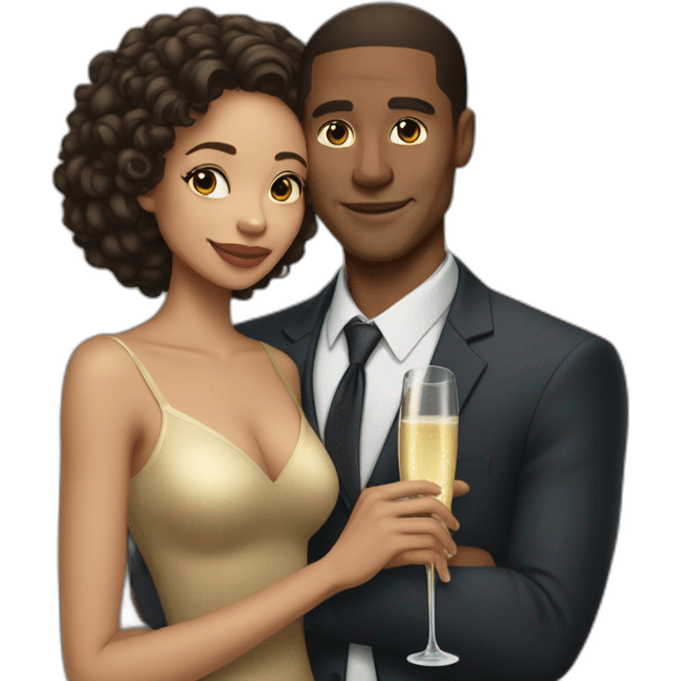 Tall lightskin man with champagne, hugging short lightskin woman emoji