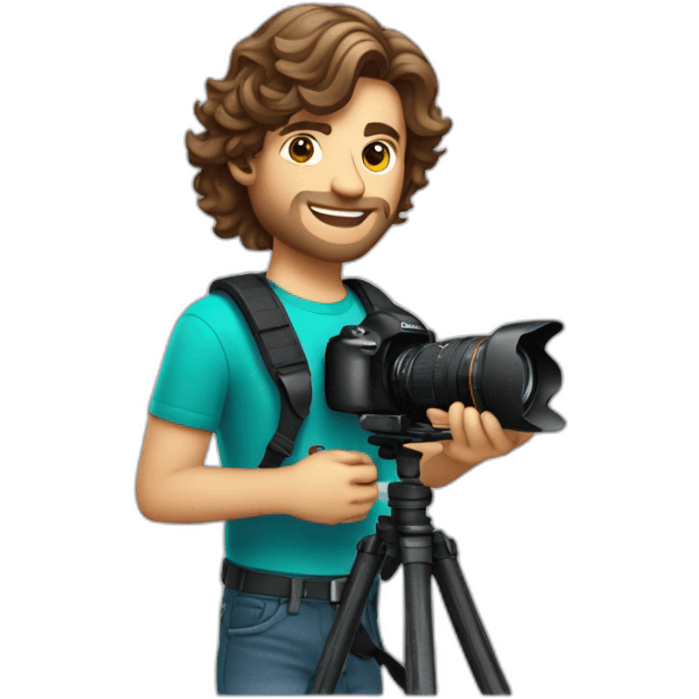 Male Photographer Caucasian wavy hair brunette holding camera emoji