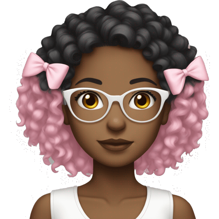 Black girl with black curly hair and a white top, clear glasses, pink hair bow, white hear necklace  emoji