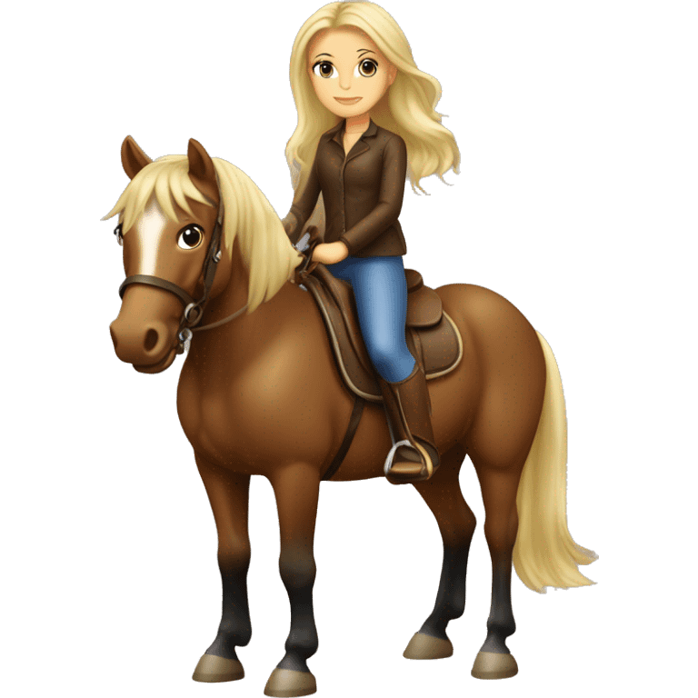 Blonde girl on horseback dark bay horse with brown mane emoji