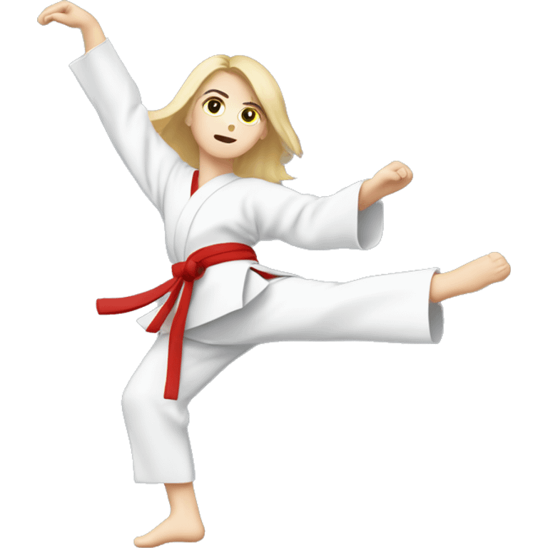 white girl doing  taekwono kick to the sky wearing red belt emoji