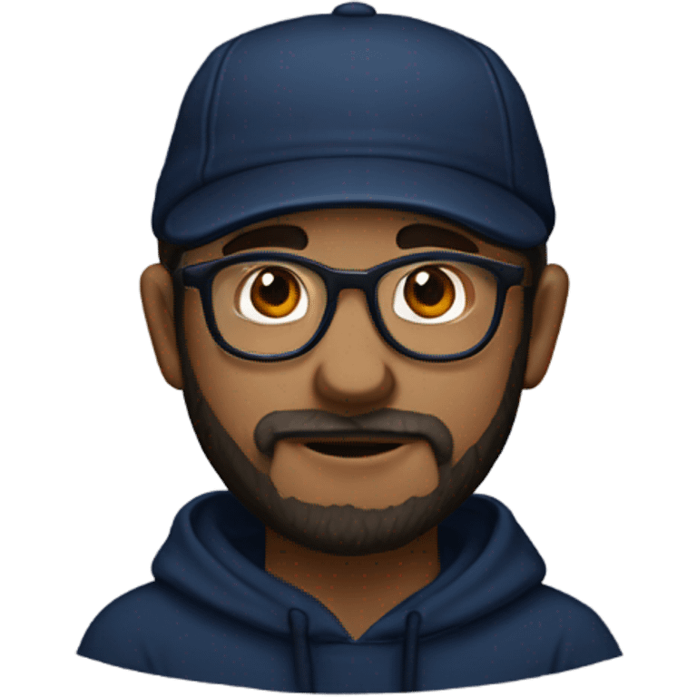 a white dude with dark beard and sideburns and thin frame glasses wearing a black newsboy hat a navy blue pull over hoodie and dark blue t shirt emoji