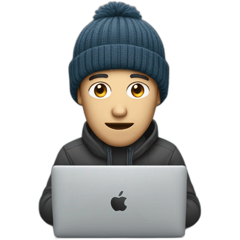 a man with a long jaw, no beard, and beanie hat doing coding on a Mac emoji