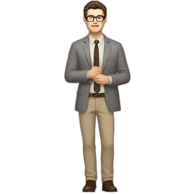 Full height Pale skinned Fit Man With dark brown hair in gray jacket, beige office shirt, tie, Brown pants and vintage glasses. Thrumbs of his palms directed up emoji