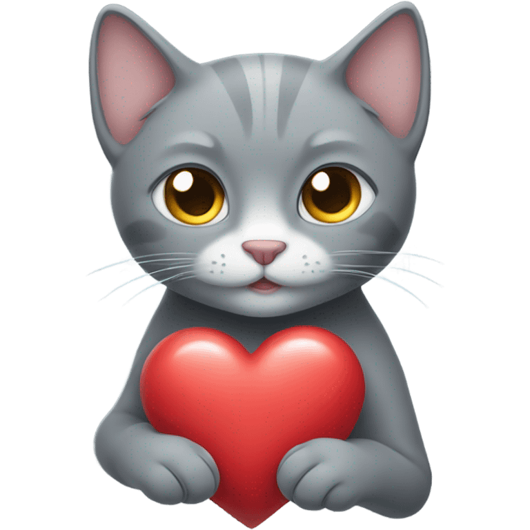 Grey cat holding heart emoji