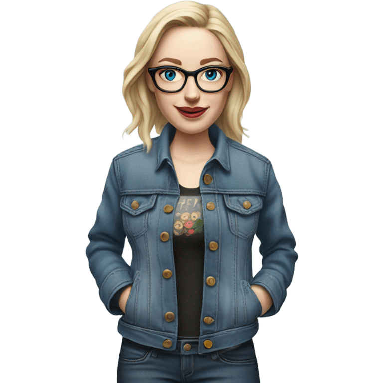 Create a Hyper Realistic pale beautiful tattooed 3D woman with glasses and blue eyes wearing denim jacket emoji