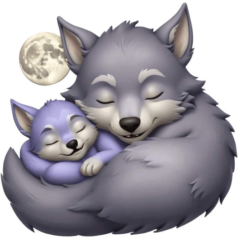 Meme-Worthy Cute Sleeping Werewolf Portrait Emoji, with a cuddly, miniature lupine form in soft moonlit grays and silvers, head resting peacefully with gently closed dreamy eyes and a small, content smile, simplified yet irresistibly endearing, highly detailed with a soft glowing outline that captures the cozy, sleepy essence of a werewolf after frolicking under the full moon! emoji