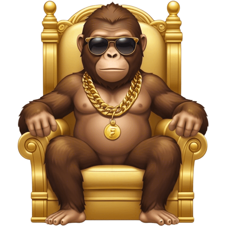 ape with big golden chain on the neck wearing sunglasses sitting in the armchair that stands on gold coins full height emoji