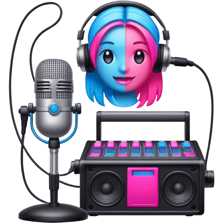 Create a vibrant and modern emoji that represents pop or stage vocal performance. The design should feature a high-quality microphone, a stage monitor, and a sound mixing console to symbolize the professional setup used in pop vocals. Add elements like studio headphones or a soundboard with sliders to reflect the technical side of live performances. Use energetic colors like neon pink, electric blue, and silver to convey the dynamic, high-energy nature of pop and stage singing. The background should be transparent. emoji