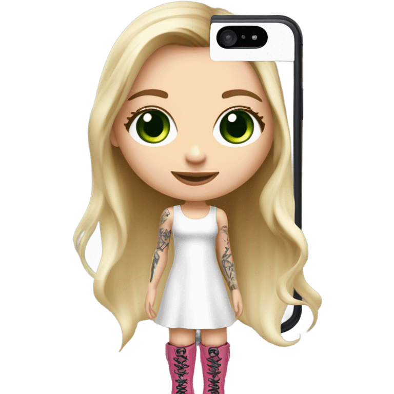 Realistic White girl with Long straight blonde hair, green eyes, tattoos, full body wearing white dress and pink knee-high leather boots, doing cute selfie pose emoji