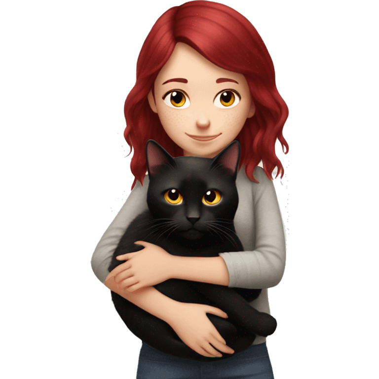 realistic girl with burgundy hair hugs a black cat emoji