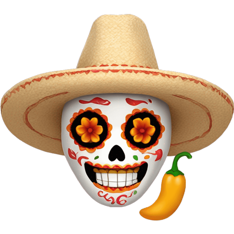 dia dos muertos with a sombrero and chili as a mouth emoji