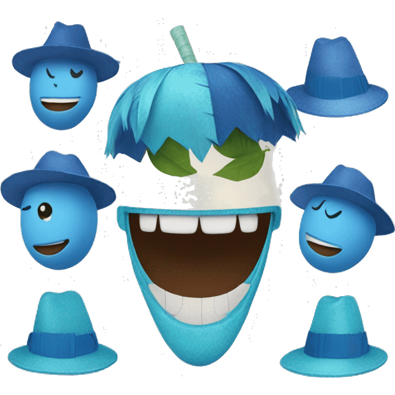 A blue coconut smiling and with diferentes hats like party hats emoji