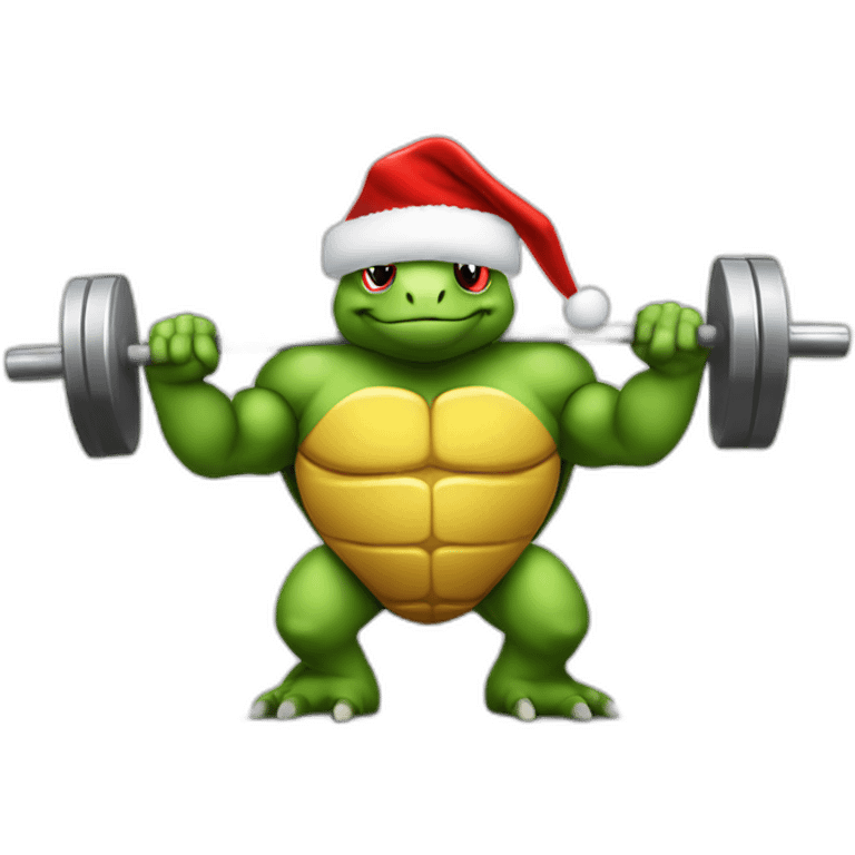 Bodybuilder turtle pumping iron wearing Christmas hat emoji