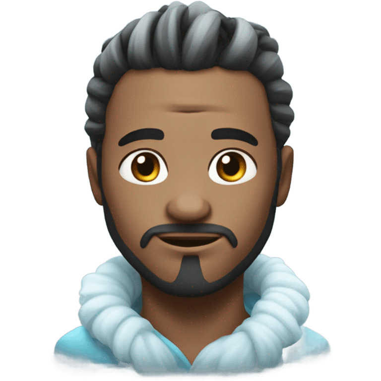 A man of an ice tribe with a manbun and icy skin emoji