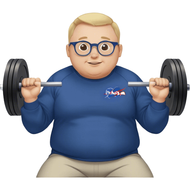 happy chubby man, bench Press,  blond short and hight receding hairline, wearing a dark blue sweatshirt, nasa logo on the sweatshirt, round glasses without frame, 40 years old emoji