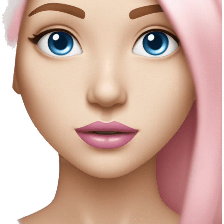 a beautiful girl with very fair skin, blue eyes and bob length straight soft pink hair, with pink lipstick on her lips emoji