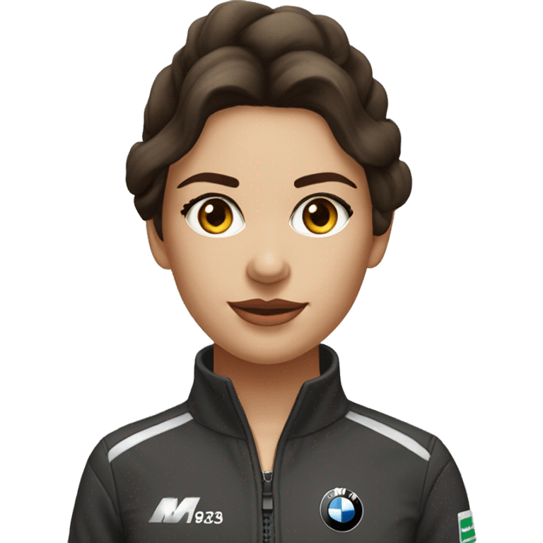 Brunette girl with brown eyes with a car bmw M4 competence emoji